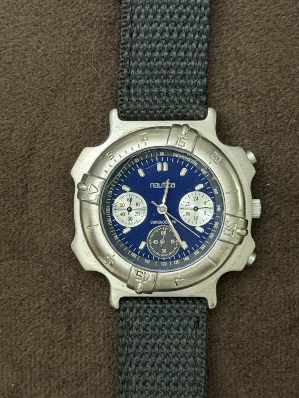Nautica Chronograph Quartz Blue/White Dial Tachymeter Date SS Nylon Strap 50m